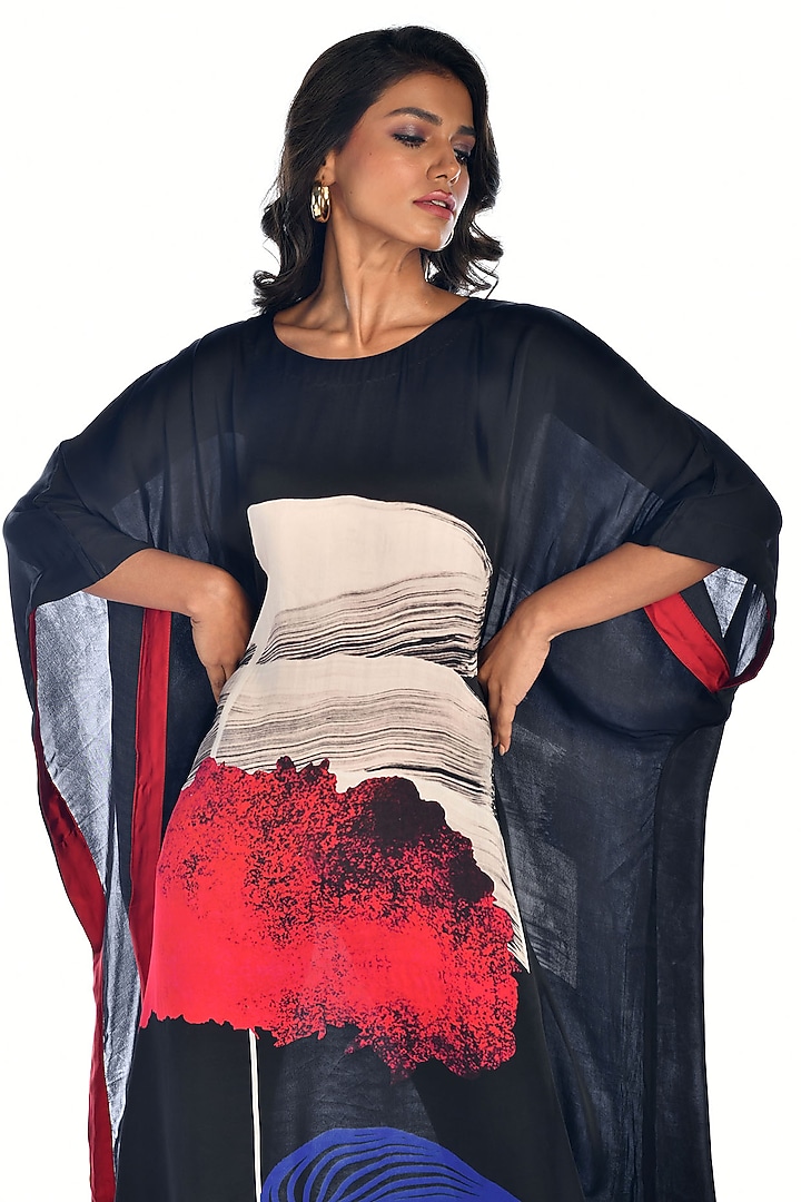 Black Satin Georgette Digital Printed Kaftan by Isadaa by Rotna Dutt at Pernia's Pop Up Shop