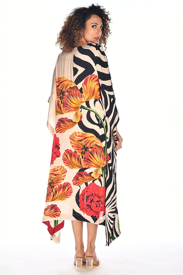 Off-White Satin Georgette Digital Printed Kaftan by Isadaa by Rotna Dutt at Pernia's Pop Up Shop