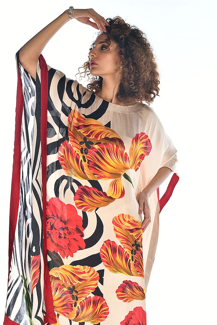 Off-White Satin Georgette Digital Printed Kaftan by Isadaa by Rotna Dutt at Pernia's Pop Up Shop