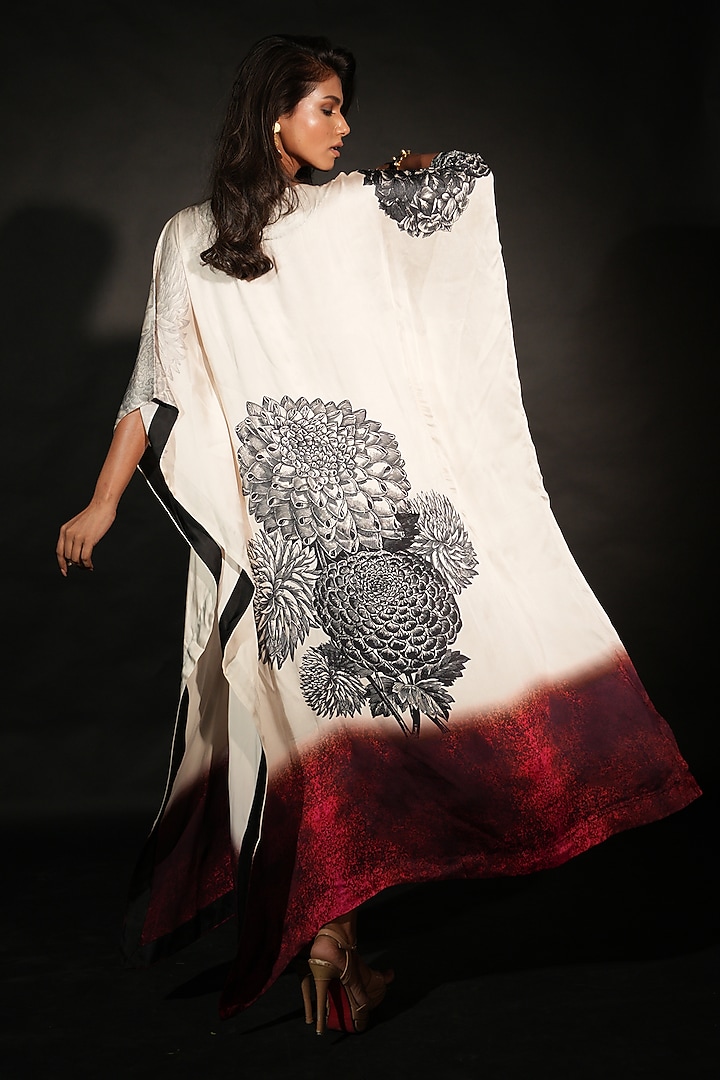 Off-White Satin Georgette Digital Printed Kaftan by Isadaa by Rotna Dutt at Pernia's Pop Up Shop