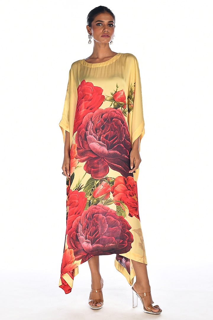 Yellow Satin Georgette Digital Printed Kaftan by Isadaa by Rotna Dutt at Pernia's Pop Up Shop