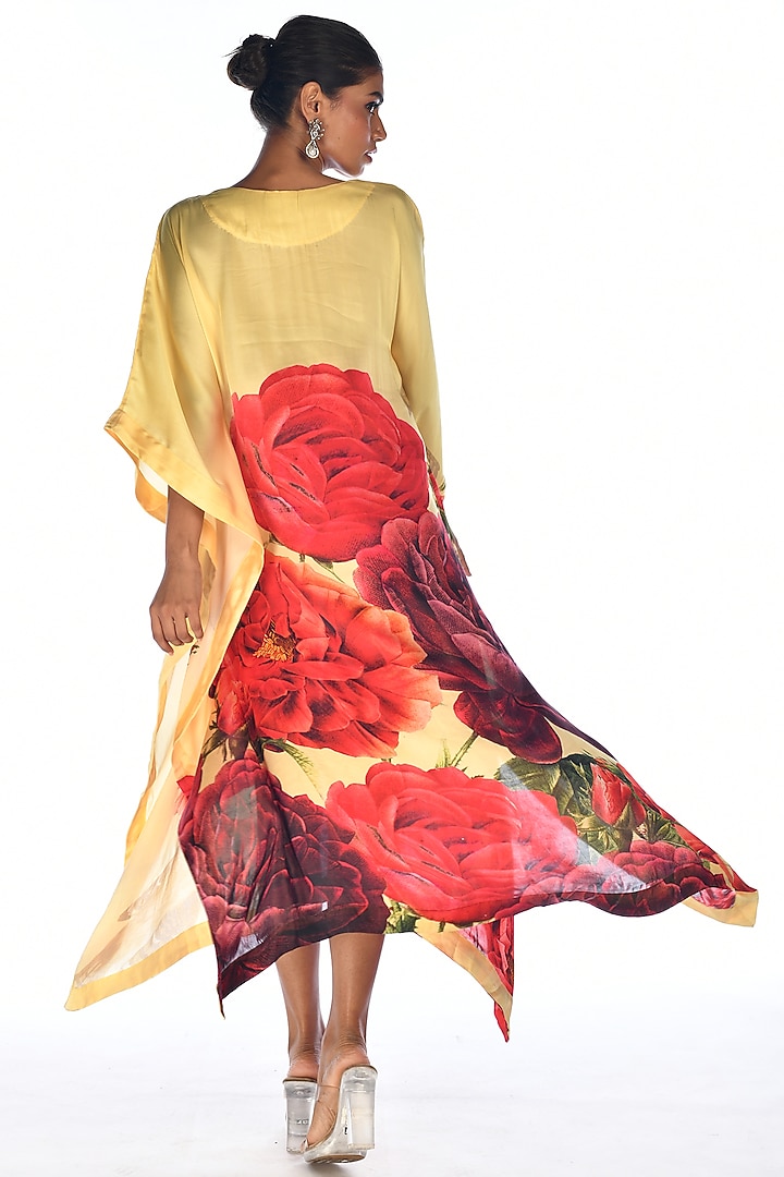 Yellow Satin Georgette Digital Printed Kaftan by Isadaa by Rotna Dutt at Pernia's Pop Up Shop