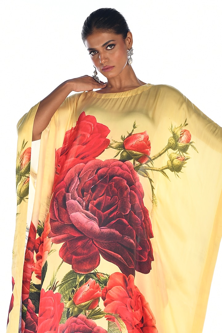 Yellow Satin Georgette Digital Printed Kaftan by Isadaa by Rotna Dutt at Pernia's Pop Up Shop