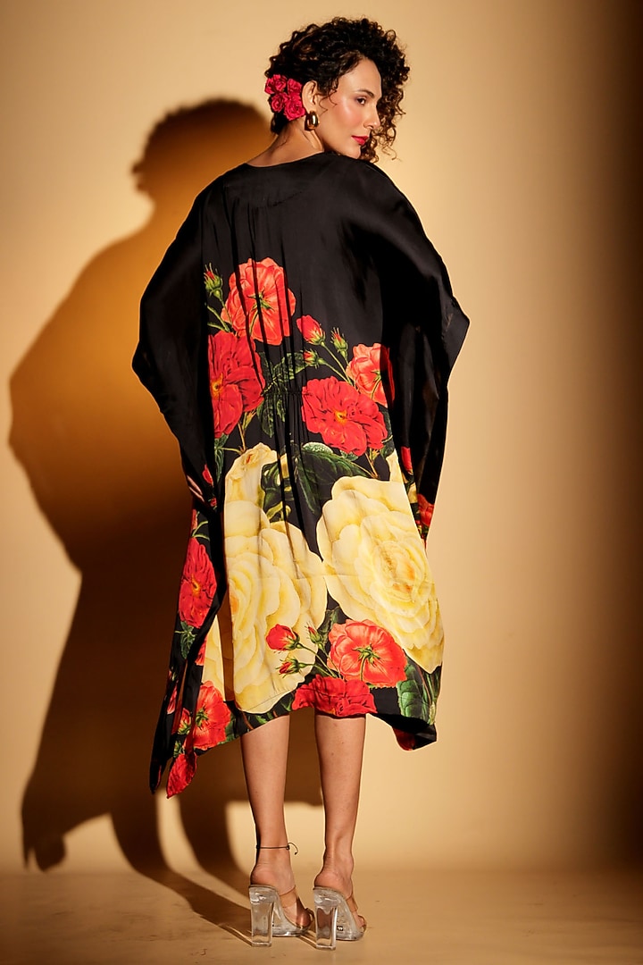 Black Satin Georgette Digital Printed Kaftan by Isadaa by Rotna Dutt at Pernia's Pop Up Shop