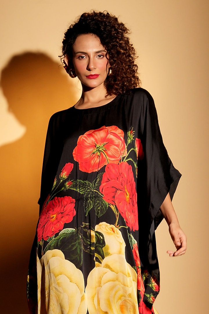 Black Satin Georgette Digital Printed Kaftan by Isadaa by Rotna Dutt at Pernia's Pop Up Shop