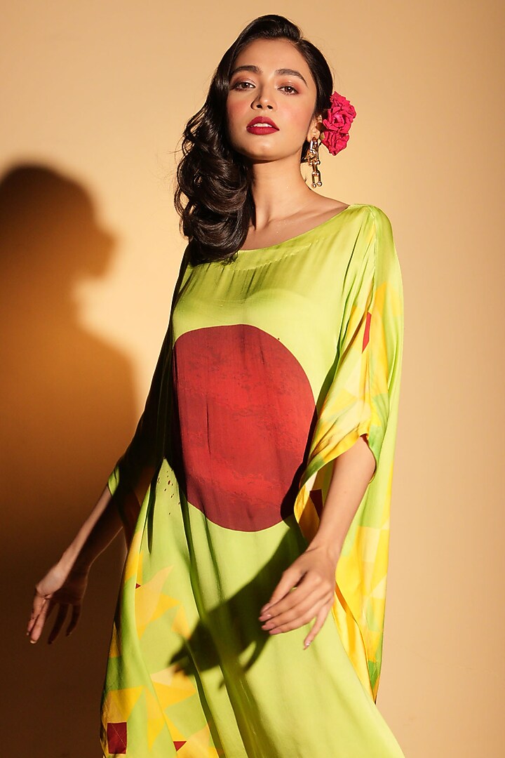 Green Satin Georgette Digital Printed Kaftan by Isadaa by Rotna Dutt at Pernia's Pop Up Shop