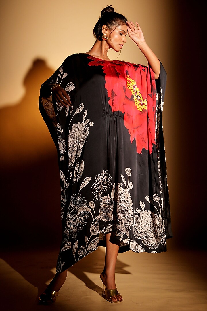 Black Satin Georgette Digital Printed Kaftan by Isadaa by Rotna Dutt at Pernia's Pop Up Shop