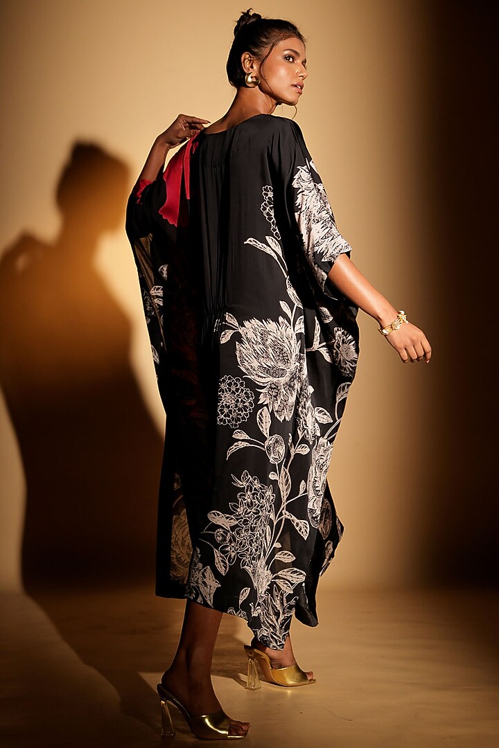 Black Satin Georgette Digital Printed Kaftan by Isadaa by Rotna Dutt at Pernia's Pop Up Shop