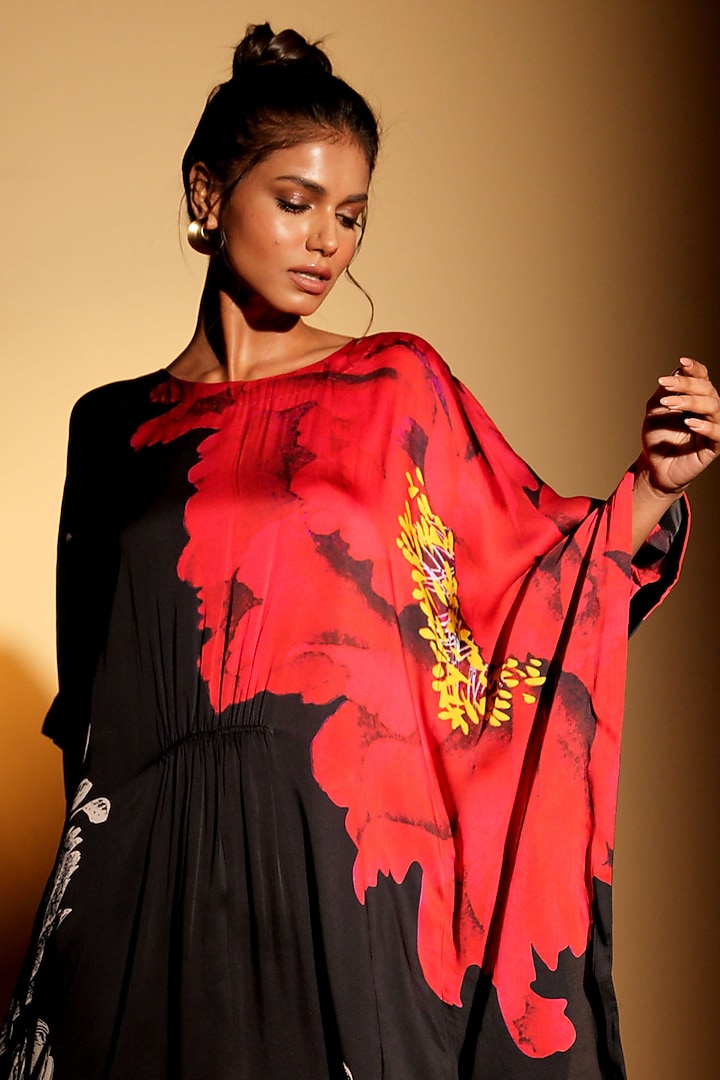 Black Satin Georgette Digital Printed Kaftan by Isadaa by Rotna Dutt at Pernia's Pop Up Shop