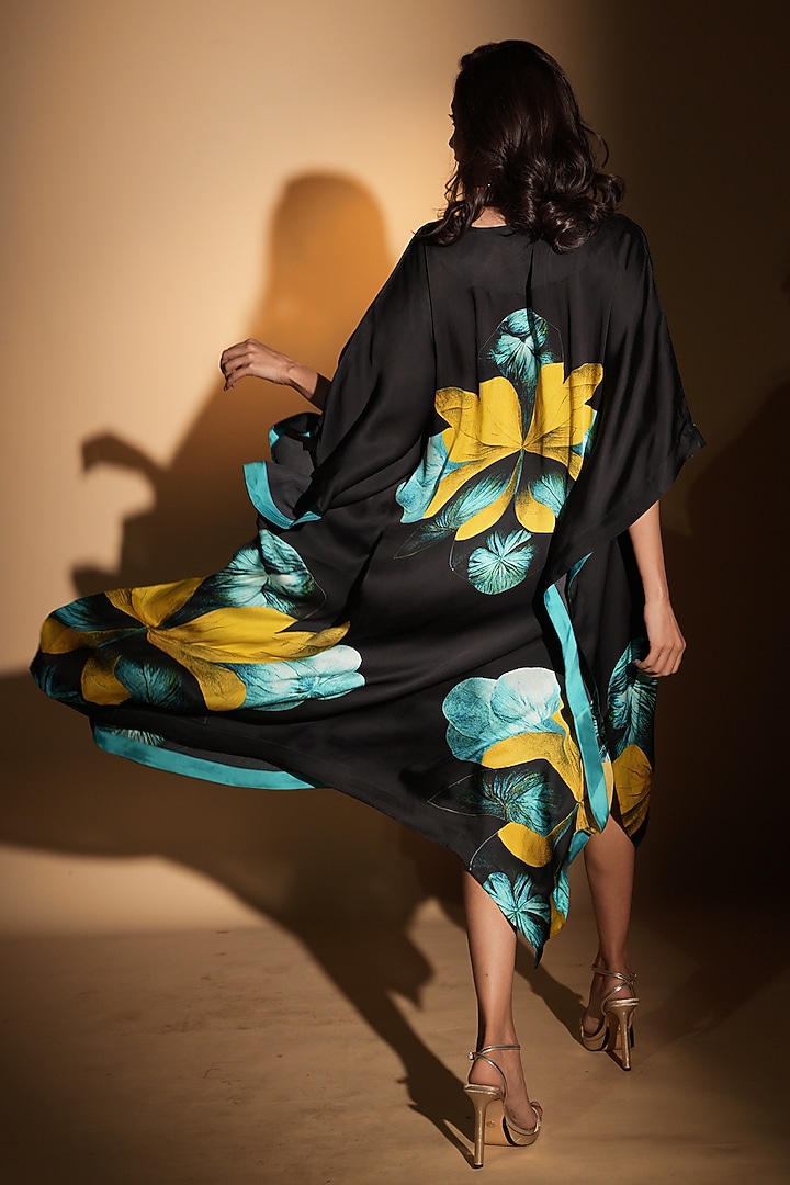 Black Satin Georgette Digital Printed Kaftan by Isadaa by Rotna Dutt at Pernia's Pop Up Shop