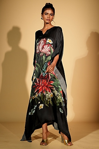 Black Satin Georgette Digital Printed Kaftan by Isadaa by Rotna Dutt