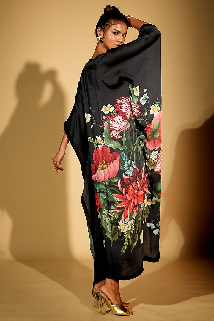 Black Satin Georgette Digital Printed Kaftan by Isadaa by Rotna Dutt at Pernia's Pop Up Shop