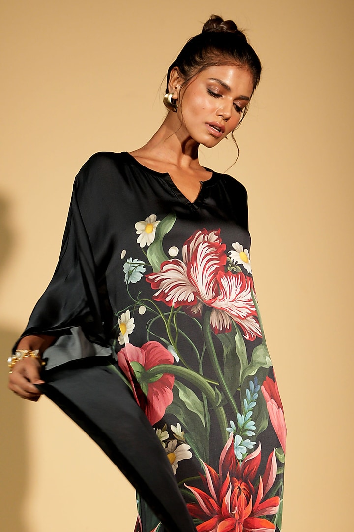 Black Satin Georgette Digital Printed Kaftan by Isadaa by Rotna Dutt at Pernia's Pop Up Shop