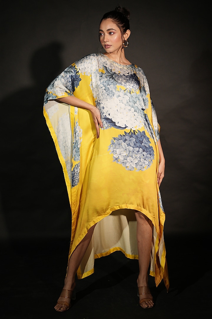 Yellow Satin Georgette Digital Printed Kaftan by Isadaa by Rotna Dutt at Pernia's Pop Up Shop