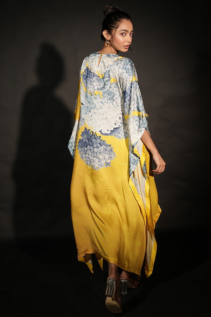 Yellow Satin Georgette Digital Printed Kaftan by Isadaa by Rotna Dutt at Pernia's Pop Up Shop