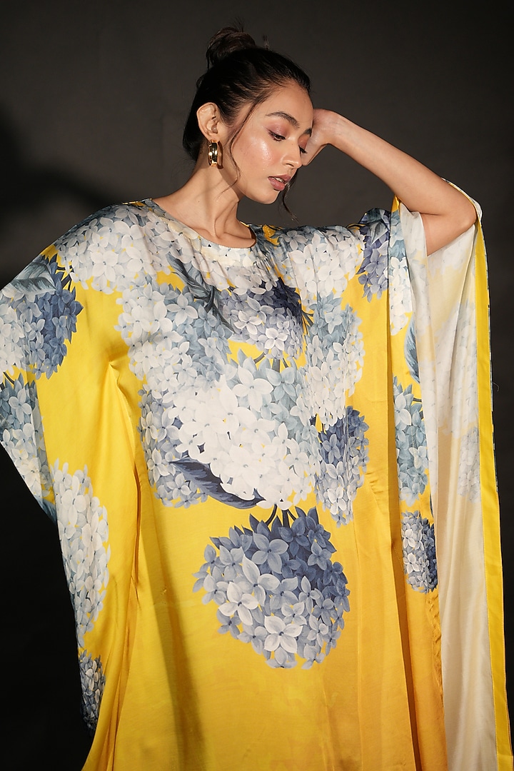 Yellow Satin Georgette Digital Printed Kaftan by Isadaa by Rotna Dutt at Pernia's Pop Up Shop