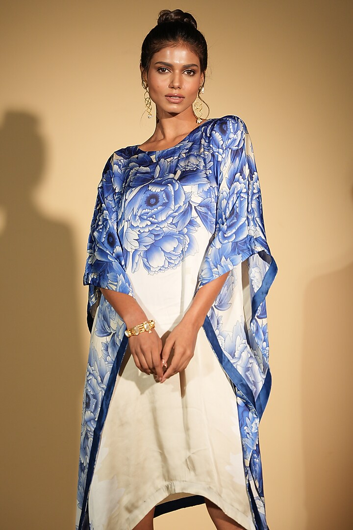Off-White Satin Georgette Digital Printed Kaftan by Isadaa by Rotna Dutt at Pernia's Pop Up Shop