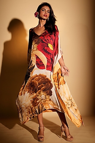 Beige Satin Georgette Digital Printed Kaftan by Isadaa by Rotna Dutt