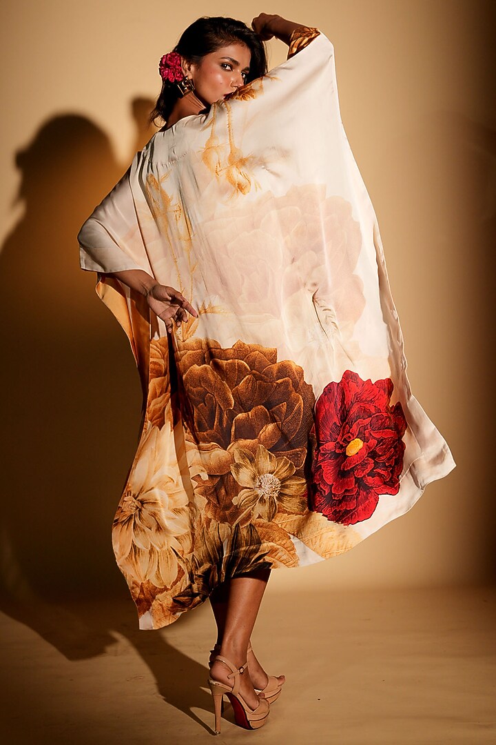 Beige Satin Georgette Digital Printed Kaftan by Isadaa by Rotna Dutt at Pernia's Pop Up Shop