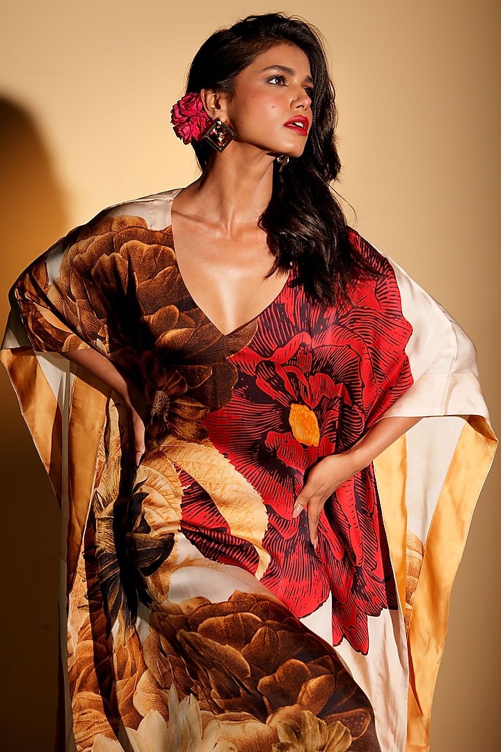 Beige Satin Georgette Digital Printed Kaftan by Isadaa by Rotna Dutt at Pernia's Pop Up Shop