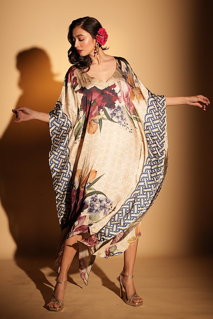 Beige Satin Georgette Digital Printed Kaftan by Isadaa by Rotna Dutt at Pernia's Pop Up Shop