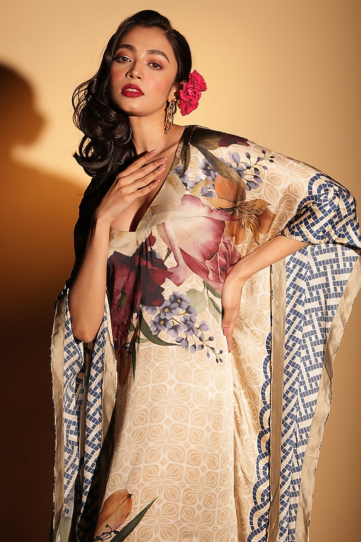 Beige Satin Georgette Digital Printed Kaftan by Isadaa by Rotna Dutt at Pernia's Pop Up Shop
