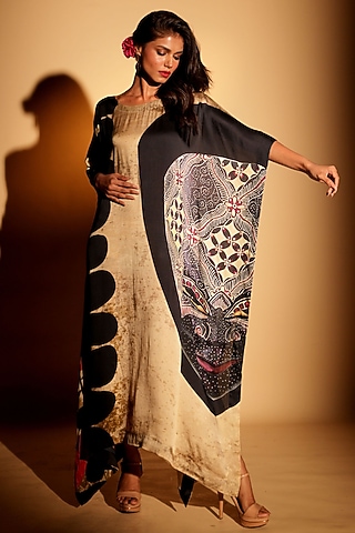 Beige Satin Georgette Digital Printed Kaftan by Isadaa by Rotna Dutt