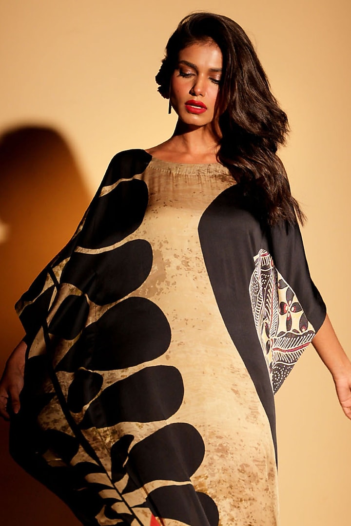 Beige Satin Georgette Digital Printed Kaftan by Isadaa by Rotna Dutt at Pernia's Pop Up Shop