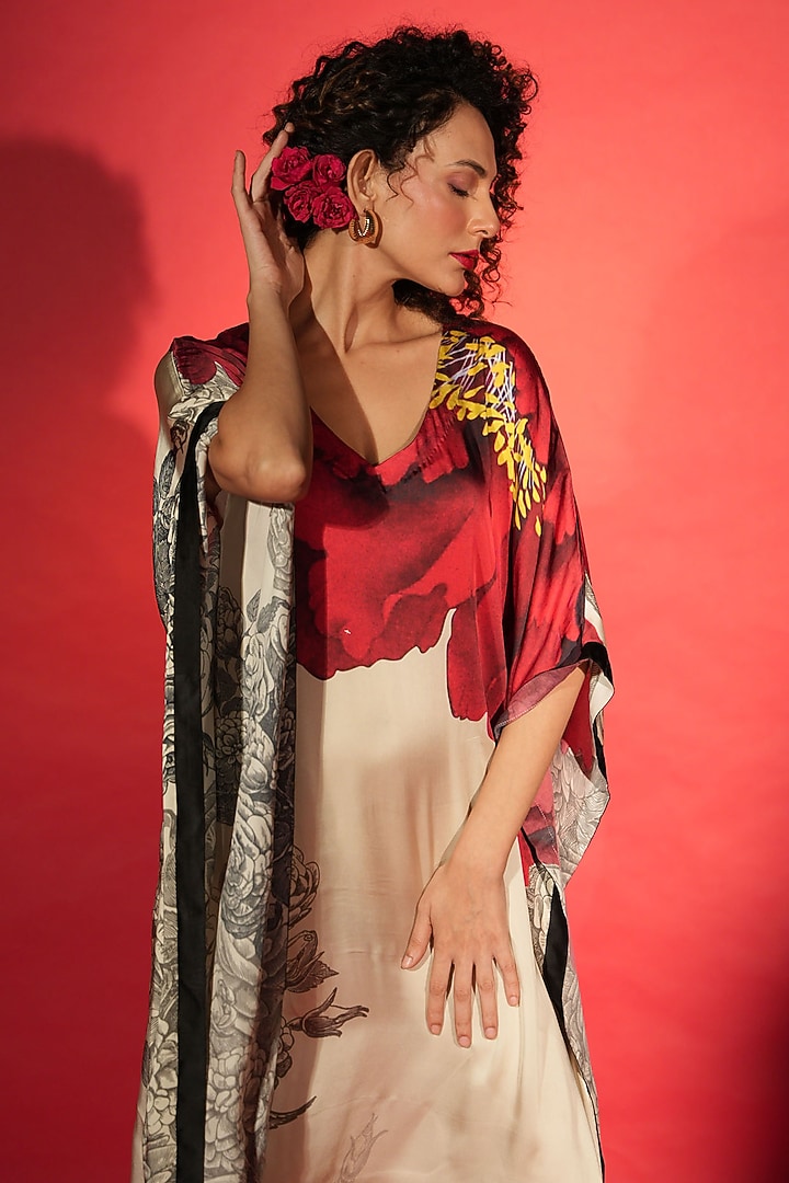 Off-White Satin Georgette Digital Printed Kaftan by Isadaa by Rotna Dutt at Pernia's Pop Up Shop