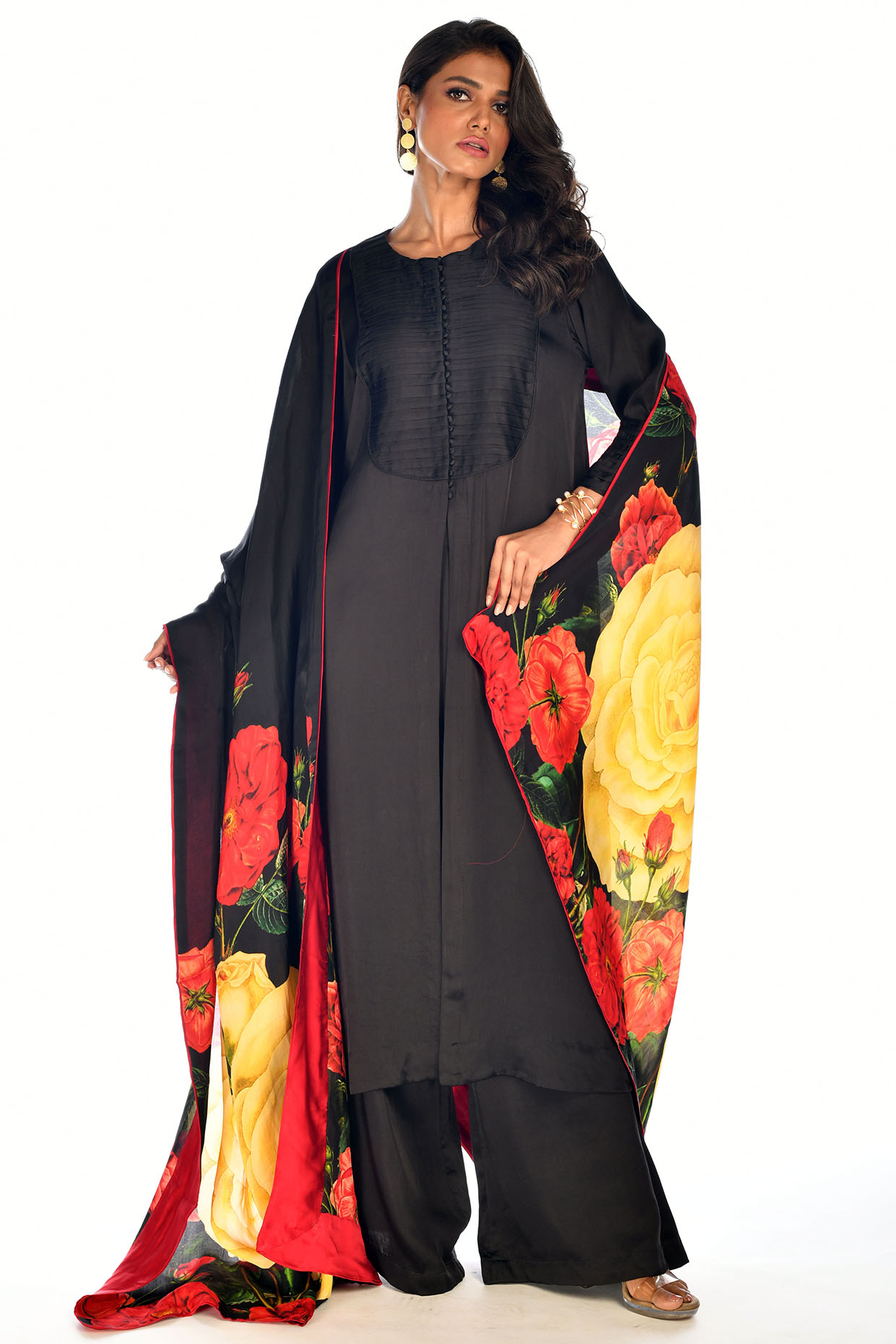 Black Satin Georgette Digital Printed Kurta Set by Isadaa by Rotna Dutt at Pernia's Pop Up Shop