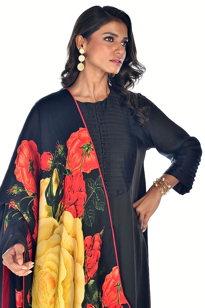 Black Satin Georgette Digital Printed Kurta Set by Isadaa by Rotna Dutt at Pernia's Pop Up Shop