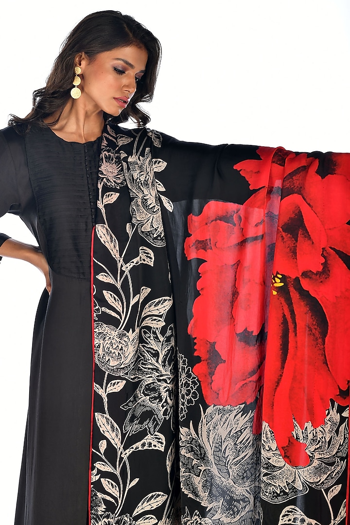Black Satin Georgette Digital Printed Kurta Set by Isadaa by Rotna Dutt at Pernia's Pop Up Shop