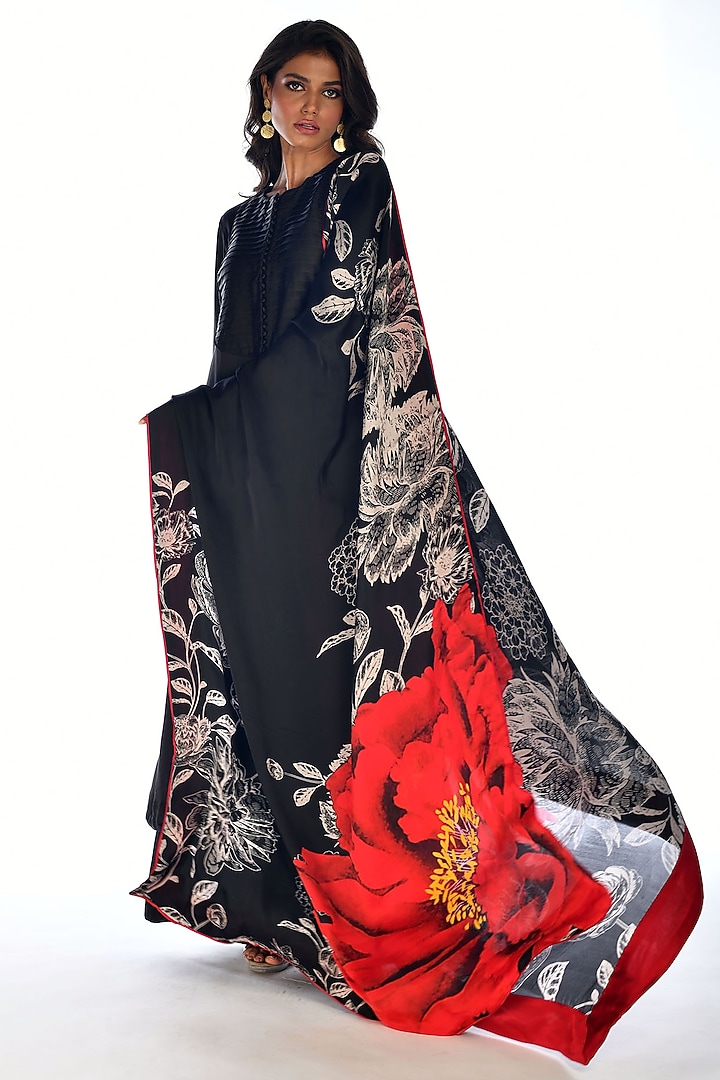 Black Satin Georgette Digital Printed Kurta Set by Isadaa by Rotna Dutt at Pernia's Pop Up Shop