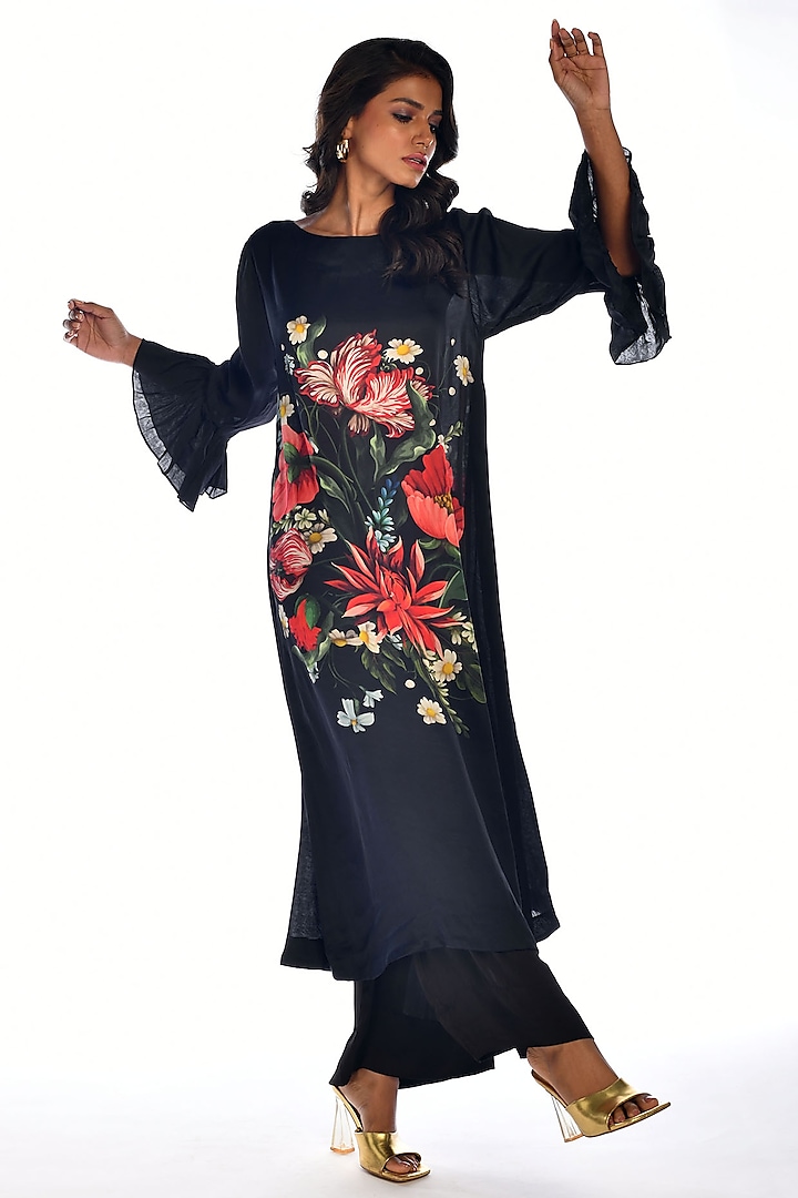 Black Satin Georgette Digital Printed Kurta Set by Isadaa by Rotna Dutt at Pernia's Pop Up Shop