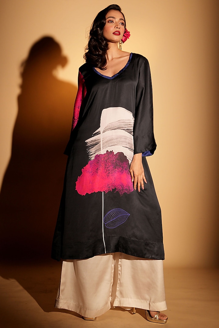 Black Satin Georgette Digital Printed Kurta Set by Isadaa by Rotna Dutt at Pernia's Pop Up Shop