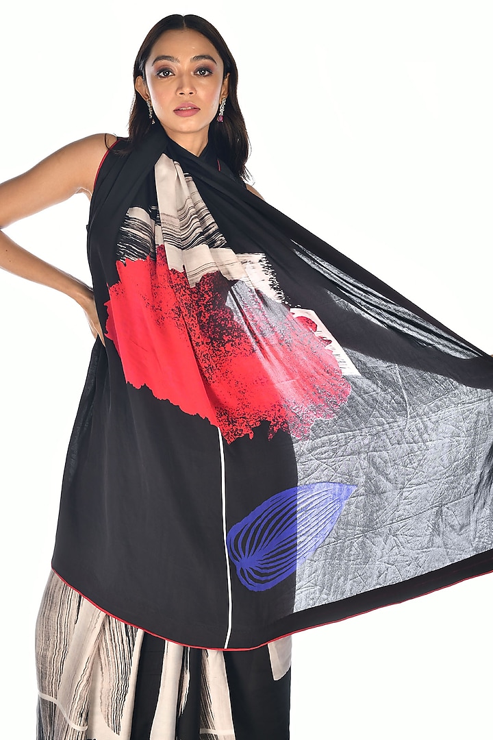 Black Satin Organza Digital Printed Party Wear Saree Set by Isadaa by Rotna Dutt at Pernia's Pop Up Shop