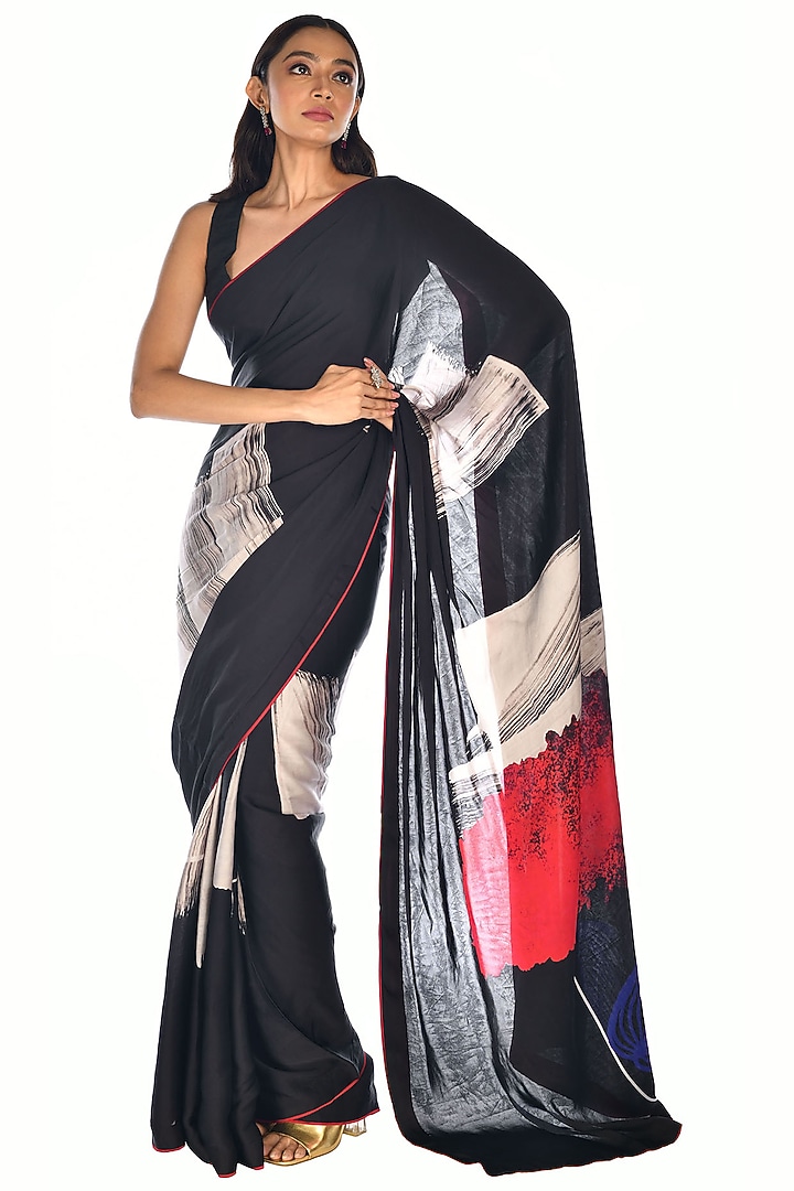 Black Satin Organza Digital Printed Party Wear Saree Set by Isadaa by Rotna Dutt at Pernia's Pop Up Shop