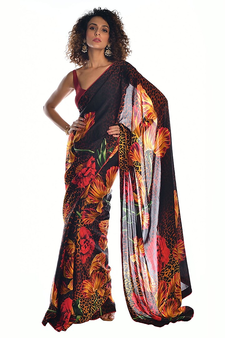 Black Satin Organza Digital Floral Printed Saree Set by Isadaa by Rotna Dutt at Pernia's Pop Up Shop