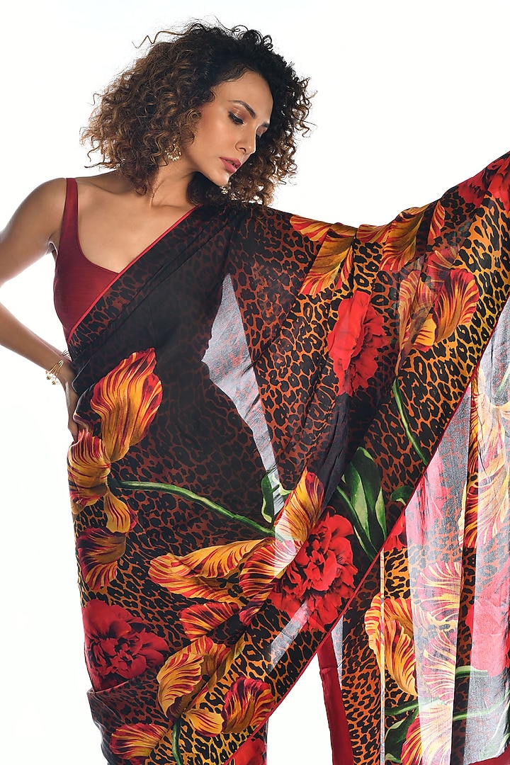 Black Satin Organza Digital Floral Printed Party Wear Saree Set by Isadaa by Rotna Dutt at Pernia's Pop Up Shop