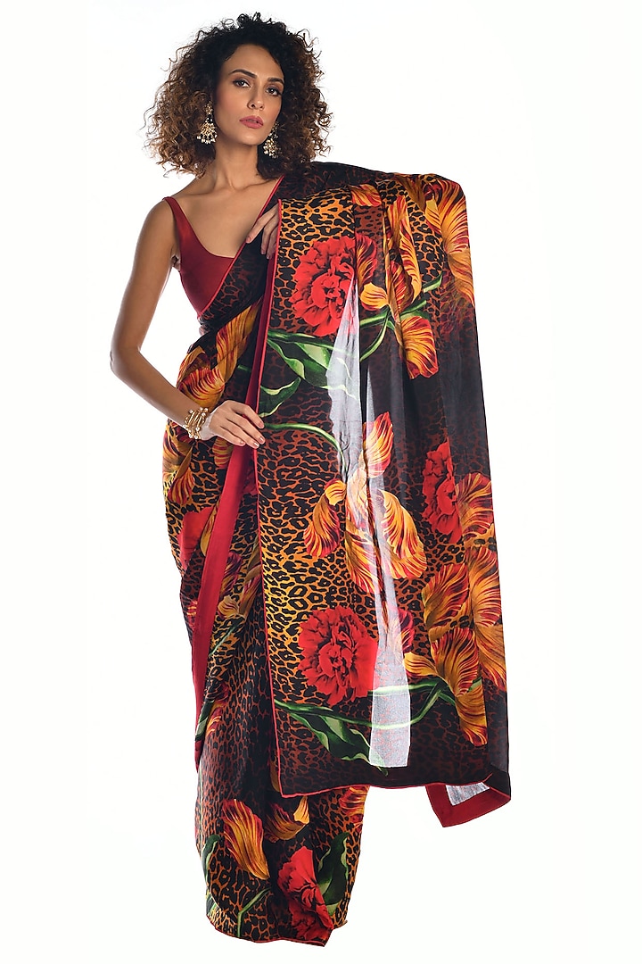 Black Satin Organza Digital Floral Printed Party Wear Saree Set by Isadaa by Rotna Dutt at Pernia's Pop Up Shop