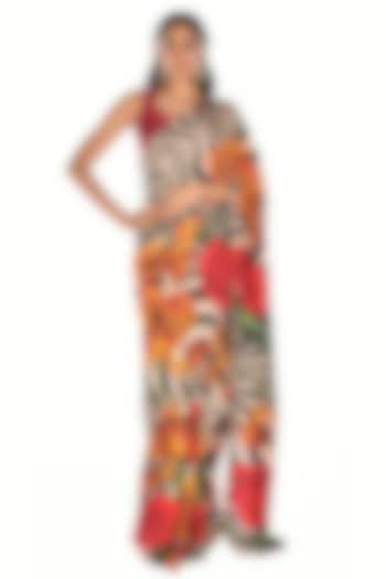Off-White Satin Organza Digital Floral Printed Party Wear Saree Set by Isadaa by Rotna Dutt at Pernia's Pop Up Shop