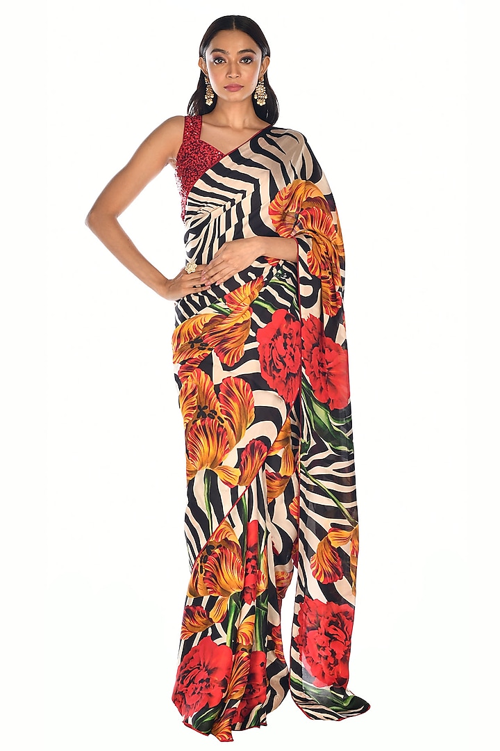 Off-White Satin Organza Digital Floral Printed Party Wear Saree Set by Isadaa by Rotna Dutt at Pernia's Pop Up Shop
