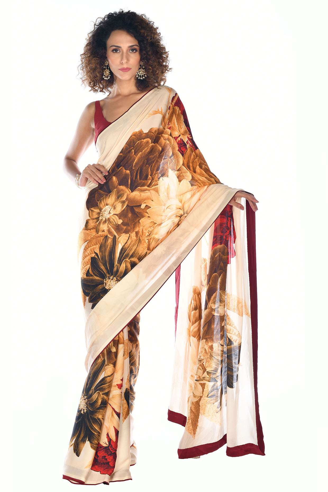 Off-White Satin Organza Digital Floral Printed Party Wear Saree Set by Isadaa by Rotna Dutt at Pernia's Pop Up Shop