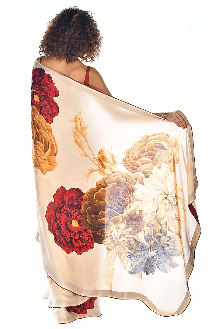 Off-White Satin Organza Digital Floral Printed Party Wear Saree Set by Isadaa by Rotna Dutt at Pernia's Pop Up Shop
