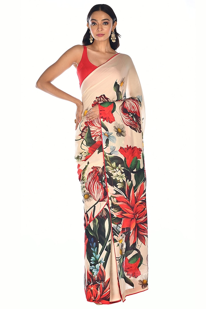 Off-White Satin Organza Digital Printed Saree Set by Isadaa by Rotna Dutt at Pernia's Pop Up Shop