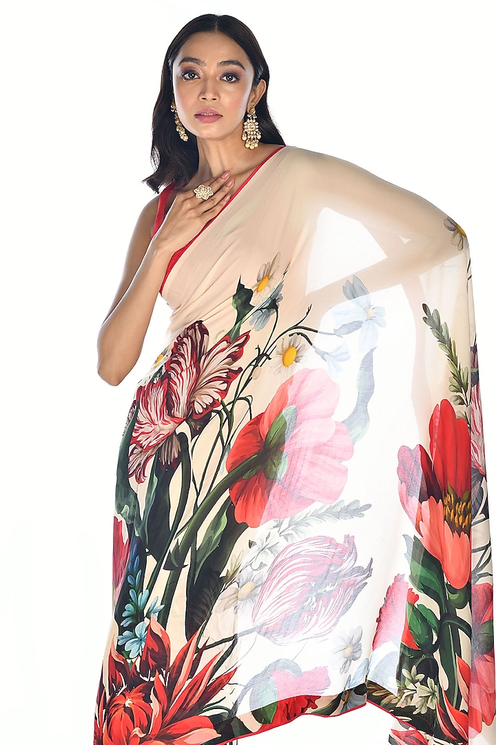 Off-White Satin Organza Digital Printed Party Wear Saree Set by Isadaa by Rotna Dutt at Pernia's Pop Up Shop