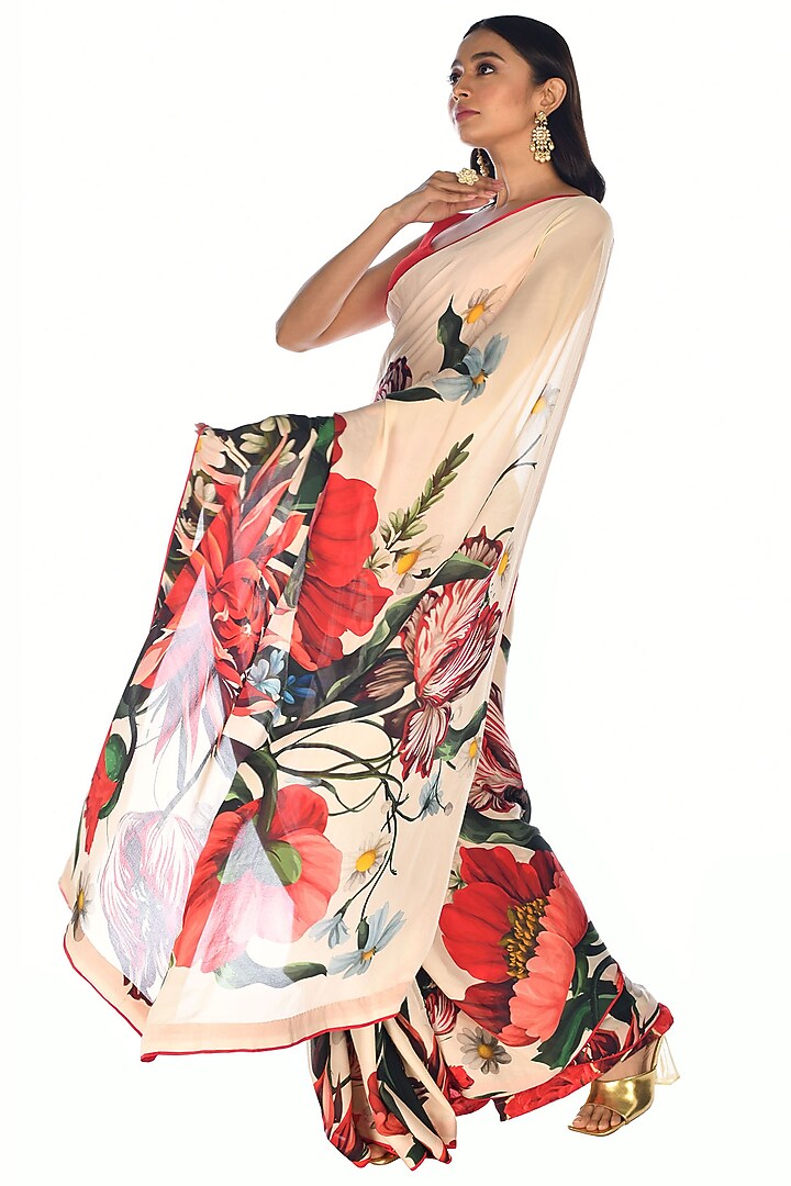 Off-White Satin Organza Digital Printed Party Wear Saree Set by Isadaa by Rotna Dutt at Pernia's Pop Up Shop