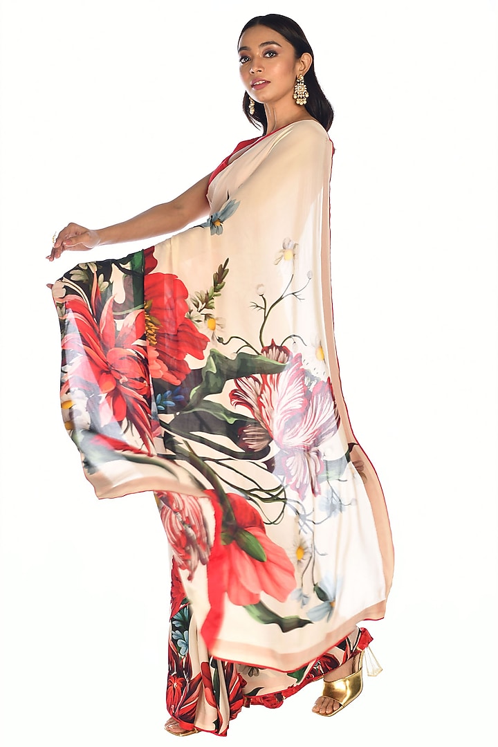 Off-White Satin Organza Digital Printed Party Wear Saree Set by Isadaa by Rotna Dutt at Pernia's Pop Up Shop