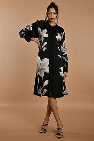 Black Satin Georgette Digital Printed Knee-Length Dress by Isadaa by Rotna Dutt