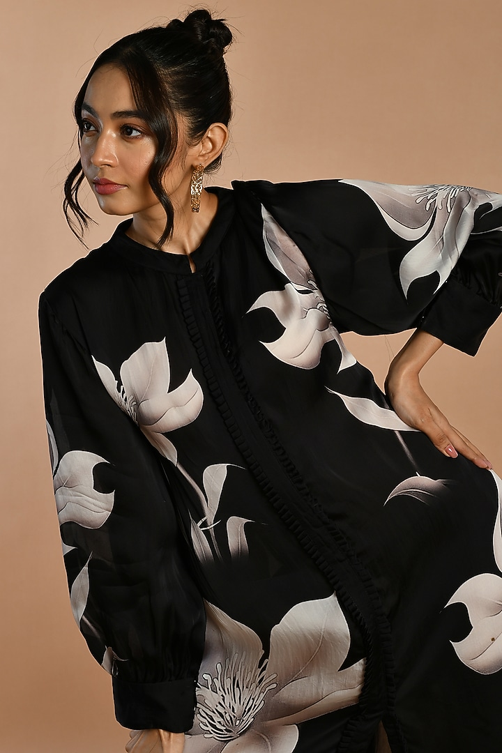 Black Satin Georgette Digital Printed Knee-Length Summer Dress by Isadaa by Rotna Dutt at Pernia's Pop Up Shop